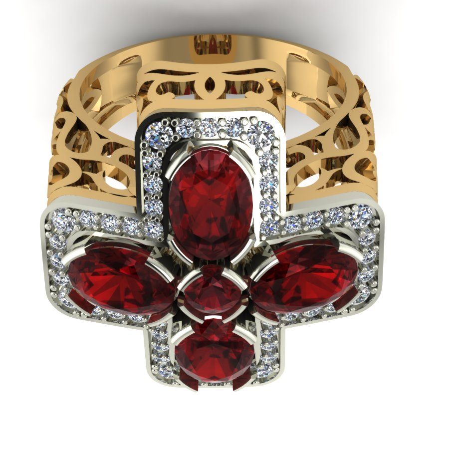 Перстень из красного+белого золота  с гранатом (модель 02-1324.0.4210)