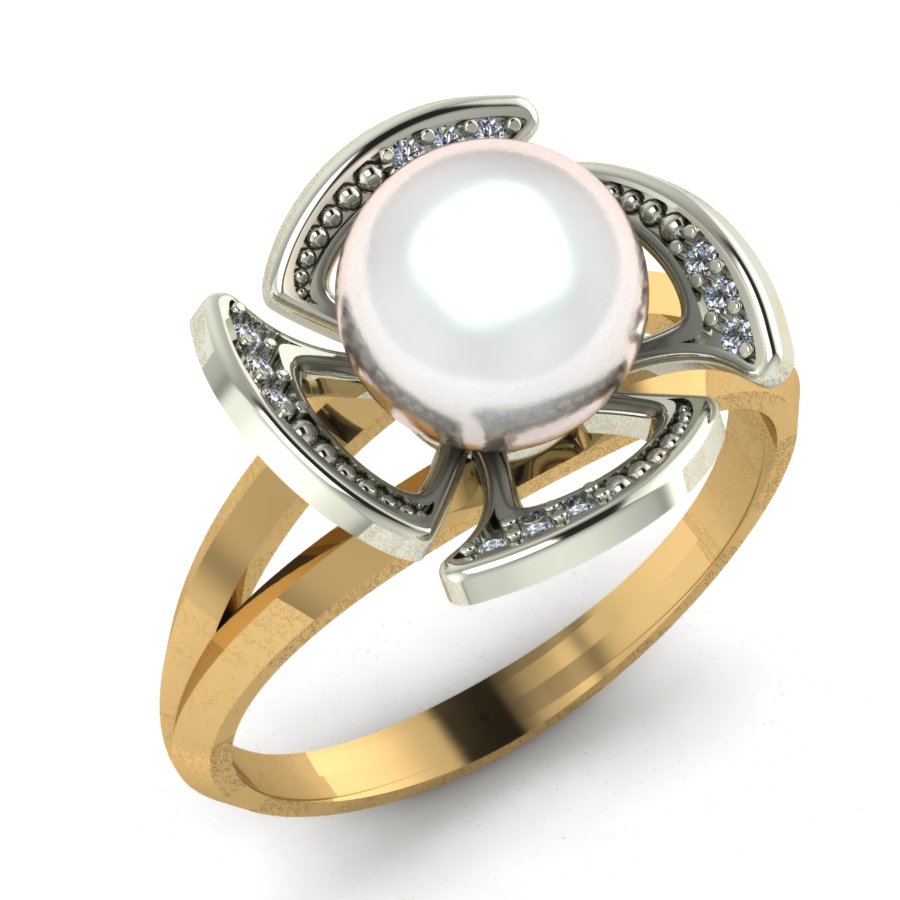Перстень из красного+белого золота  с жемчугом (модель 02-1073.0.4310) - 2