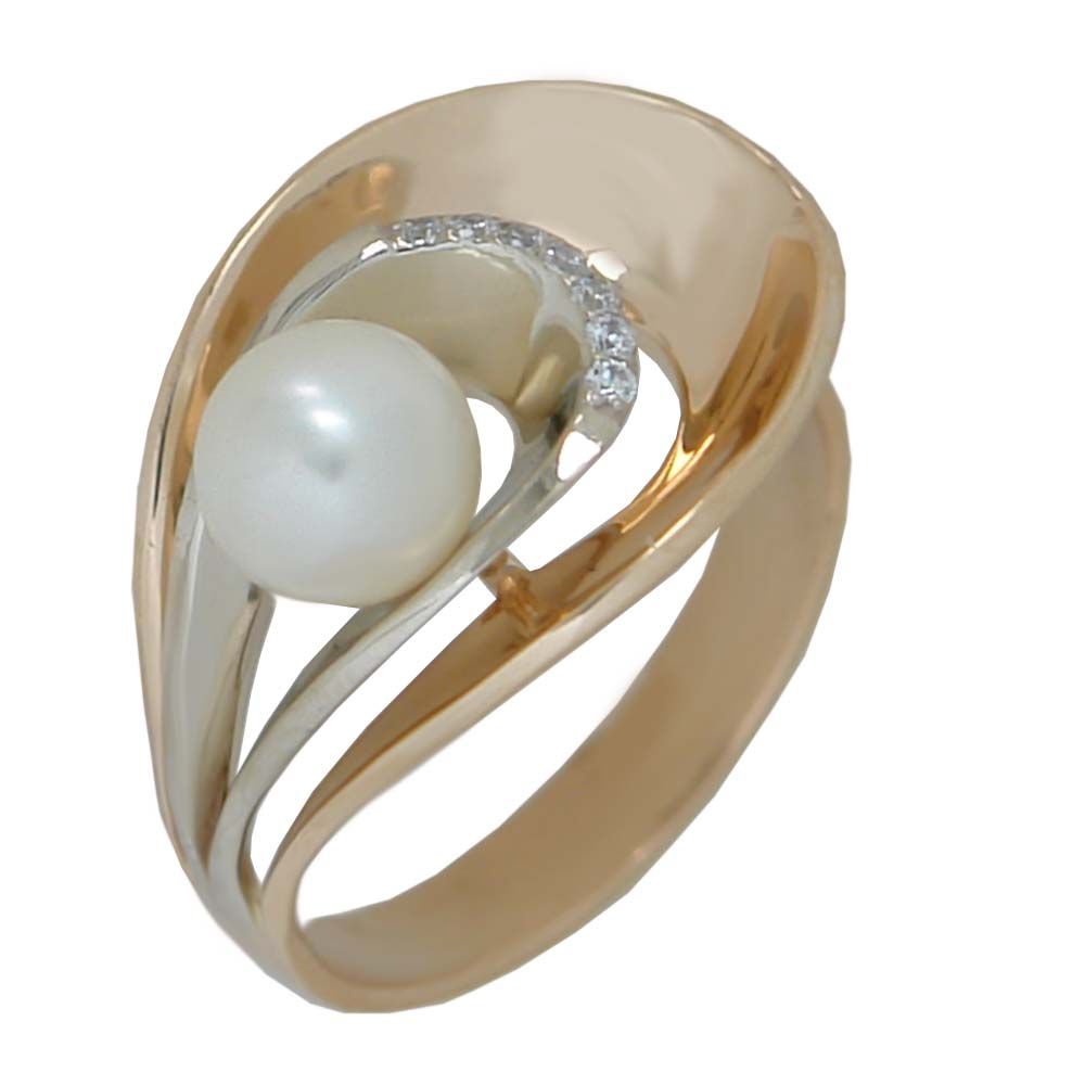Перстень из лимонного+белого золота  с жемчугом (модель 02-0931.0.5320)